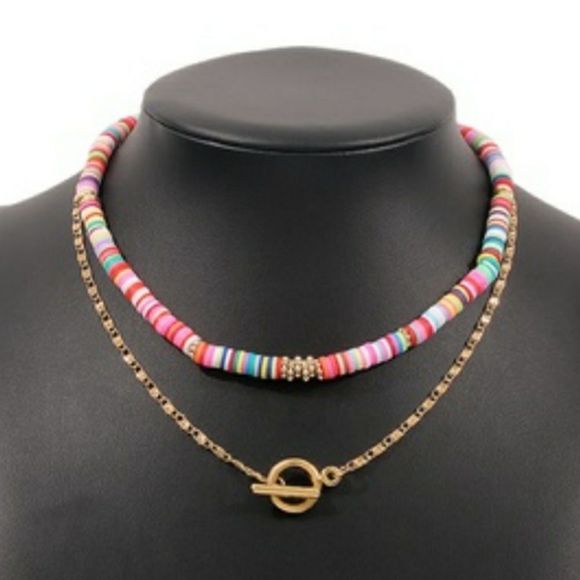 Layered Multi-color Faux Puka Shell Necklace Gold Tone Chain - Picture 4 of 12